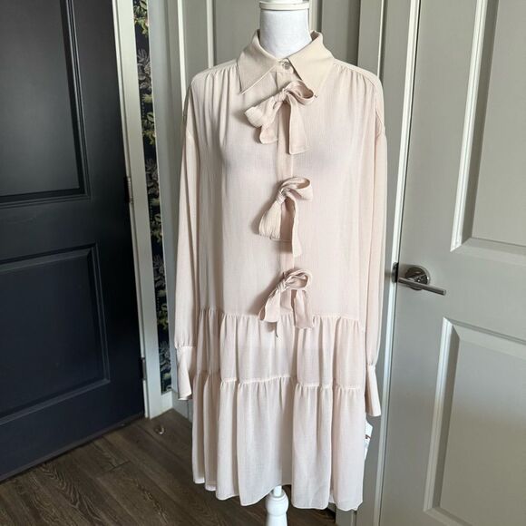 NWT See by Chloe Crinkled Georgette Bow Collared Shirt Dress Size  FR 38 US M - Picture 1 of 9